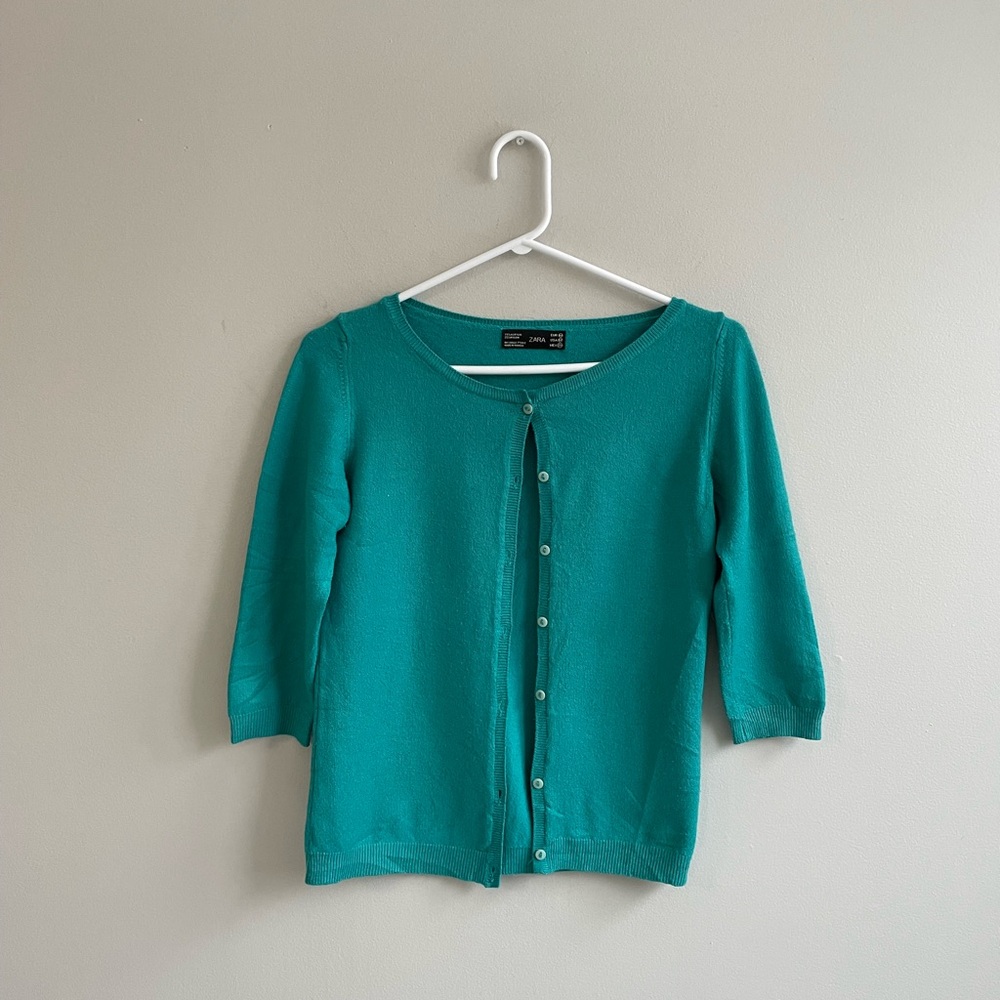 TEAL CARDIGAN SWEATER BUTTON FRONT ZARA 3/4 SLEEVES - Picture 3 of 8